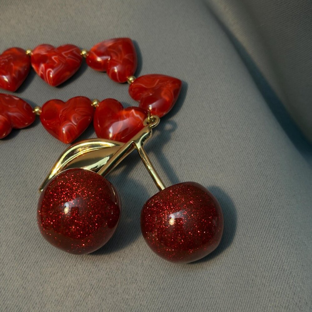 Cherry Necklace Red Heart Bead Statement Necklace Gold Tone Drop - Picture 3 of 11